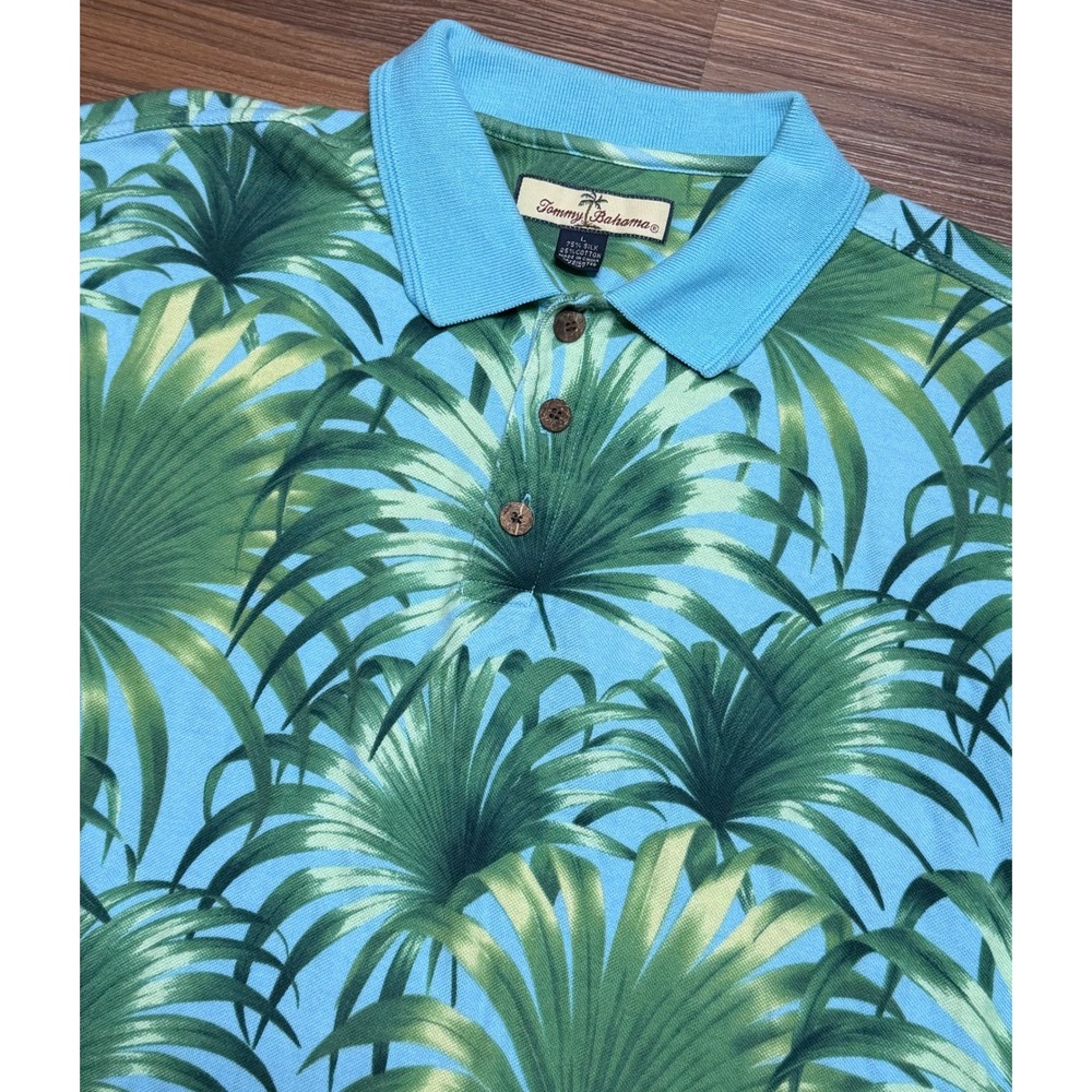 Tommy Bahama Mens Silk Cotton Tropical Palm AOP Polo Shirt Blue Green Sz L